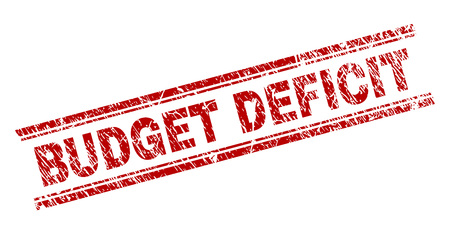 BUDGET DEFICIT seal print with grunge effect. Red vector rubber print of BUDGET DEFICIT text with corroded texture. Text title is placed between double parallel lines.のイラスト素材
