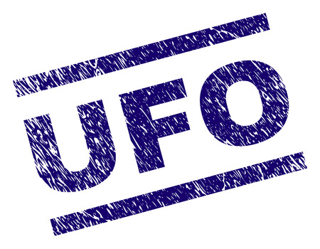 UFO seal print with scratced style. Blue vector rubber print of UFO label with unclean texture. Text tag is placed between parallel lines.のイラスト素材