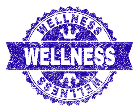 WELLNESS rosette seal imitation with grunge texture. Designed with round rosette, ribbon and small crowns. Blue vector rubber watermark of WELLNESS title with grunge texture.のイラスト素材