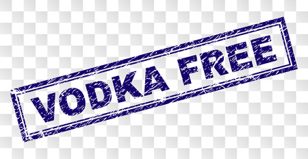 VODKA FREE stamp seal watermark with rubber print style and double framed rectangle shape. Stamp is placed on a transparent background. Blue vector rubber print of VODKA FREE tag with retro texture.のイラスト素材