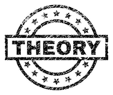 THEORY stamp seal watermark with distress style. Designed with rectangle, circles and stars. Black vector rubber print of THEORY caption with unclean texture.のイラスト素材