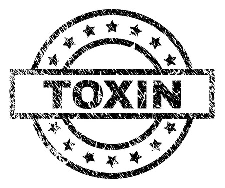TOXIN stamp seal watermark with distress style. Designed with rectangle, circles and stars. Black vector rubber print of TOXIN label with scratched texture.のイラスト素材