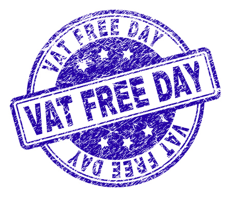 VAT FREE DAY stamp seal imprint with grunge texture. Designed with rounded rectangles and circles. Blue vector rubber print of VAT FREE DAY caption with grunge texture.のイラスト素材