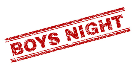 BOYS NIGHT seal imprint with corroded texture. Red vector rubber print of BOYS NIGHT title with corroded texture. Text title is placed between double parallel lines.のイラスト素材