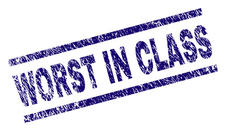 WORST IN CLASS seal print with grunge style. Blue vector rubber print of WORST IN CLASS title with grunge texture. Text label is placed between parallel lines.のイラスト素材