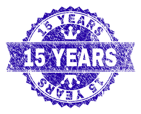15 YEARS rosette stamp overlay with grunge texture. Designed with round rosette, ribbon and small crowns. Blue vector rubber print of 15 YEARS tag with scratched texture.のイラスト素材