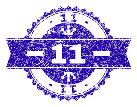 11 rosette stamp imitation with grunge style. Designed with round rosette, ribbon and small crowns. Blue vector rubber watermark of 11 caption with unclean style.のイラスト素材