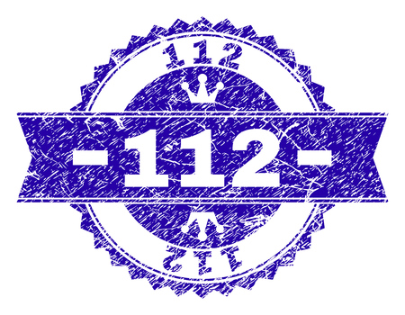 112 rosette stamp watermark with grunge style. Designed with round rosette, ribbon and small crowns. Blue vector rubber watermark of 112 caption with dust style.のイラスト素材