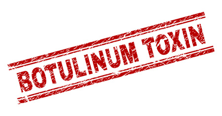 BOTULINUM TOXIN seal print with grunge texture. Red vector rubber print of BOTULINUM TOXIN caption with grunge texture. Text tag is placed between double parallel lines.のイラスト素材