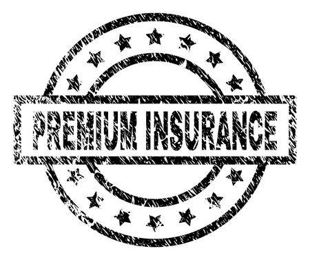 PREMIUM INSURANCE stamp seal watermark with distress style. Designed with rectangle, circles and stars. Black vector rubber print of PREMIUM INSURANCE tag with scratched texture.のイラスト素材