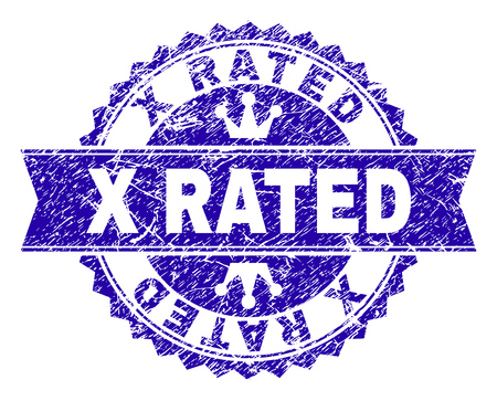 X RATED rosette seal watermark with distress style. Designed with round rosette, ribbon and small crowns. Blue vector rubber watermark of X RATED tag with grunge style.のイラスト素材