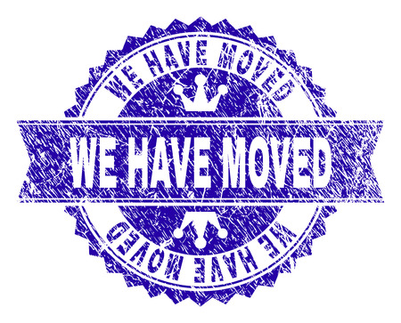 WE HAVE MOVED rosette stamp seal watermark with grunge texture. Designed with round rosette, ribbon and small crowns. Blue vector rubber watermark of WE HAVE MOVED label with grunge texture.のイラスト素材