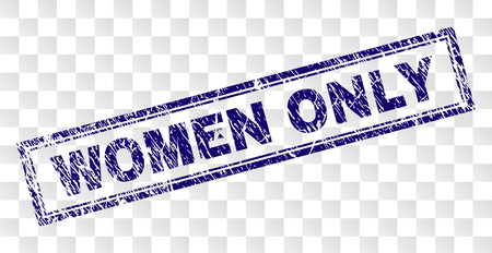WOMEN ONLY stamp seal imprint with rubber print style and double framed rectangle shape. Stamp is placed on a transparent background. Blue vector rubber print of WOMEN ONLY label with dust texture.のイラスト素材