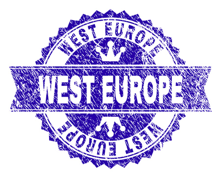 WEST EUROPE rosette stamp watermark with distress texture. Designed with round rosette, ribbon and small crowns. Blue vector rubber watermark of WEST EUROPE tag with dirty texture.のイラスト素材