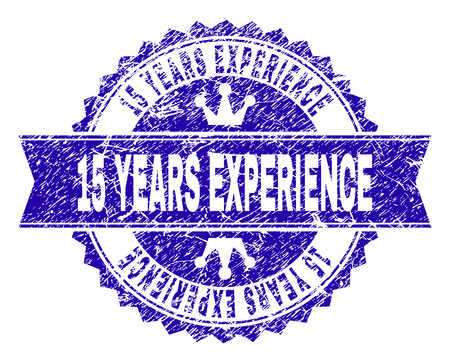 15 YEARS EXPERIENCE rosette seal imprint with grunge texture. Designed with round rosette, ribbon and small crowns. Blue vector rubber watermark of 15 YEARS EXPERIENCE label with grunge texture.のイラスト素材