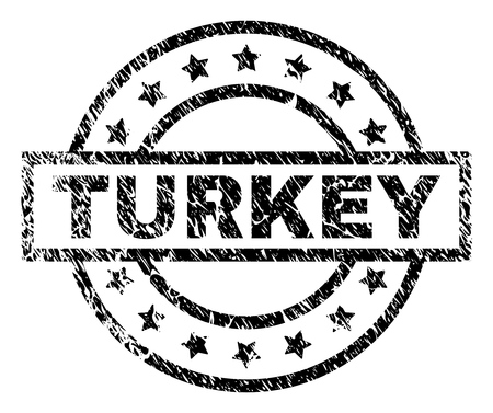 TURKEY stamp seal watermark with distress style. Designed with rectangle, circles and stars. Black vector rubber print of TURKEY text with retro texture.のイラスト素材