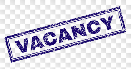 VACANCY stamp seal imprint with rubber print style and double framed rectangle shape. Stamp is placed on a transparent background. Blue vector rubber print of VACANCY caption with unclean texture.のイラスト素材