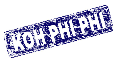 KOH PHI stamp seal watermark with distress style. Seal shape is a rounded rectangle with frame. Blue vector rubber print of KOH PHI title with scratched style.のイラスト素材