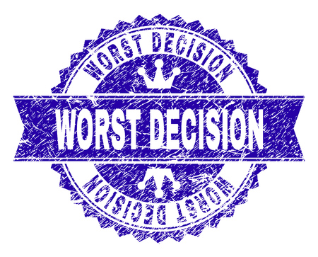 WORST DECISION rosette stamp watermark with distress style. Designed with round rosette, ribbon and small crowns. Blue vector rubber watermark of WORST DECISION title with dust style.のイラスト素材