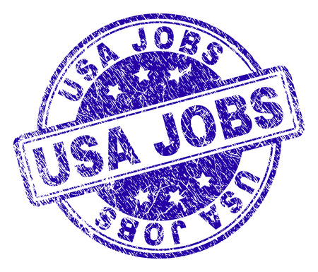 USA JOBS stamp seal imprint with grunge effect. Designed with rounded rectangles and circles. Blue vector rubber print of USA JOBS caption with grunge texture.のイラスト素材