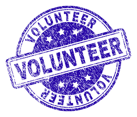 VOLUNTEER stamp seal imprint with distress texture. Designed with rounded rectangles and circles. Blue vector rubber print of VOLUNTEER tag with retro texture.のイラスト素材