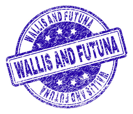 WALLIS AND FUTUNA stamp seal imprint with distress texture. Designed with rounded rectangles and circles. Blue vector rubber print of WALLIS AND FUTUNA tag with scratched texture.のイラスト素材