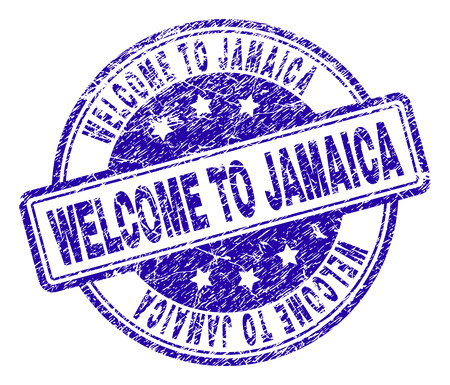 WELCOME TO JAMAICA stamp seal watermark with grunge texture. Designed with rounded rectangles and circles. Blue vector rubber print of WELCOME TO JAMAICA text with dirty texture.のイラスト素材