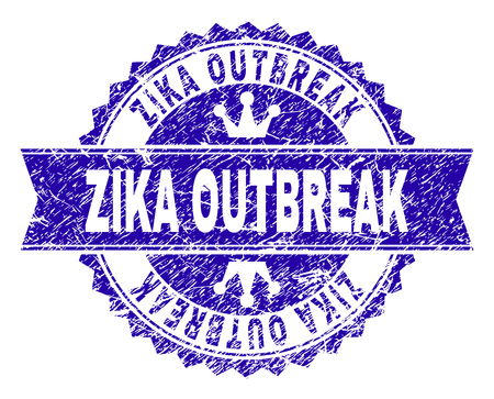 ZIKA OUTBREAK rosette stamp watermark with grunge effect. Designed with round rosette, ribbon and small crowns. Blue vector rubber watermark of ZIKA OUTBREAK tag with grunge style.のイラスト素材