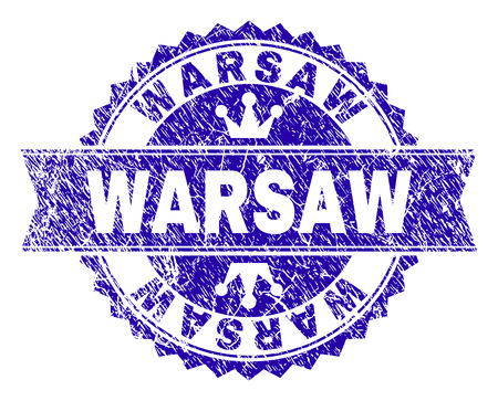 WARSAW rosette seal overlay with grunge style. Designed with round rosette, ribbon and small crowns. Blue vector rubber print of WARSAW text with grunge style.のイラスト素材