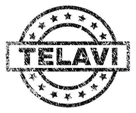 TELAVI stamp seal watermark with distress style. Designed with rectangle, circles and stars. Black vector rubber print of TELAVI caption with grunge texture.のイラスト素材