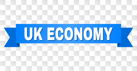 UK ECONOMY text on a ribbon. Designed with white caption and blue tape. Vector banner with UK ECONOMY tag on a transparent background.のイラスト素材