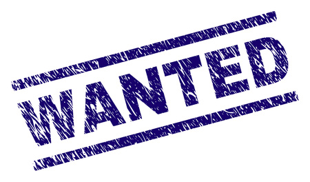 WANTED seal print with grunge style. Blue vector rubber print of WANTED text with scratched texture. Text tag is placed between parallel lines.のイラスト素材
