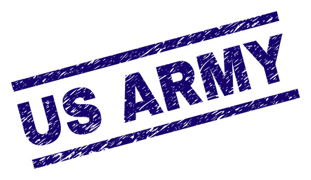US ARMY seal print with distress style. Blue vector rubber print of US ARMY title with dust texture. Text title is placed between parallel lines.のイラスト素材