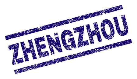 ZHENGZHOU seal print with grunge style. Blue vector rubber print of ZHENGZHOU text with scratched texture. Text caption is placed between parallel lines.のイラスト素材
