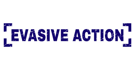 EVASIVE ACTION text seal print with distress texture. Text label is placed between corners. Blue vector rubber print of EVASIVE ACTION with retro texture.のイラスト素材