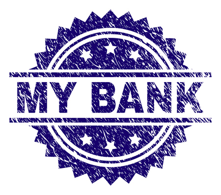 MY BANK stamp seal watermark with distress style. Blue vector rubber print of MY BANK caption with scratched texture.のイラスト素材