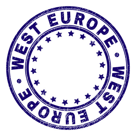WEST EUROPE stamp seal imprint with grunge texture. Designed with circles and stars. Blue vector rubber print of WEST EUROPE text with grunge texture.のイラスト素材
