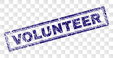 VOLUNTEER stamp seal print with grunge style and double framed rectangle shape. Stamp is placed on a transparent background. Blue vector rubber print of VOLUNTEER caption with grunge texture.のイラスト素材