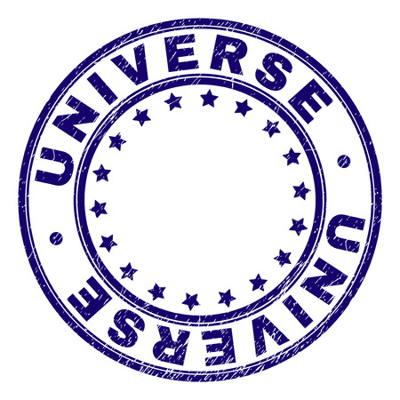 UNIVERSE stamp seal watermark with grunge texture. Designed with round shapes and stars. Blue vector rubber print of UNIVERSE title with unclean texture.のイラスト素材
