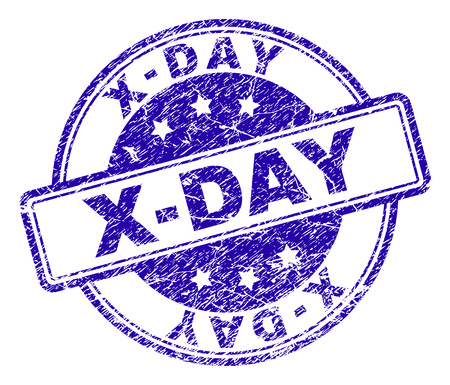 X-DAY stamp seal imprint with distress texture. Designed with rounded rectangles and circles. Blue vector rubber print of X-DAY title with unclean texture.のイラスト素材