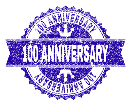 100 ANNIVERSARY rosette stamp imprint with distress style. Designed with round rosette, ribbon and small crowns. Blue vector rubber watermark of 100 ANNIVERSARY caption with grunge style.のイラスト素材
