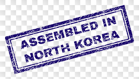 ASSEMBLED IN NORTH KOREA stamp seal print with rubber print style and double framed rectangle shape. Stamp is placed on a transparent background.のイラスト素材