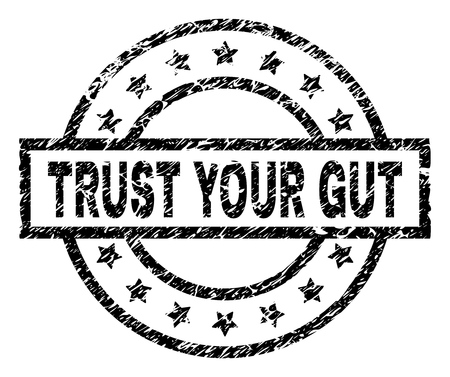TRUST YOUR GUT stamp seal watermark with distress style. Designed with rectangle, circles and stars. Black vector rubber print of TRUST YOUR GUT caption with corroded texture.のイラスト素材