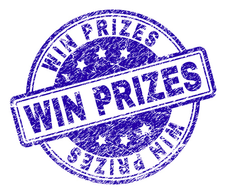 WIN PRIZES stamp seal watermark with grunge texture. Designed with rounded rectangles and circles. Blue vector rubber print of WIN PRIZES tag with dust texture.のイラスト素材
