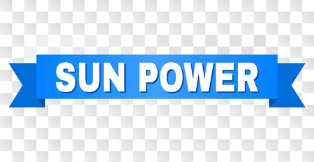 SUN POWER text on a ribbon. Designed with white caption and blue stripe. Vector banner with SUN POWER tag on a transparent background.のイラスト素材