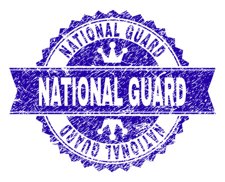 NATIONAL GUARD rosette stamp seal imitation with distress texture. Designed with round rosette, ribbon and small crowns. Blue vector rubber watermark of NATIONAL GUARD text with scratched texture.のイラスト素材