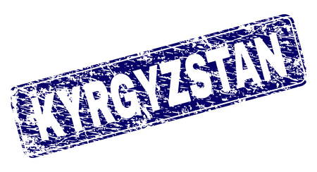 KYRGYZSTAN stamp seal print with distress style. Seal shape is a rounded rectangle with frame. Blue vector rubber print of KYRGYZSTAN tag with scratched style.のイラスト素材