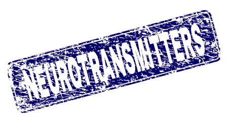 NEUROTRANSMITTERS stamp seal print with distress style. Seal shape is a rounded rectangle with frame. Blue vector rubber print of NEUROTRANSMITTERS text with unclean style.のイラスト素材