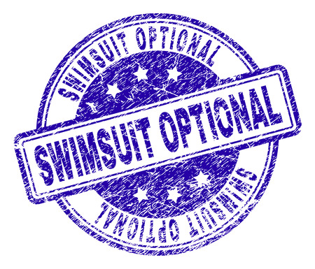 SWIMSUIT OPTIONAL stamp seal imprint with grunge texture. Designed with rounded rectangles and circles. Blue vector rubber print of SWIMSUIT OPTIONAL caption with grunge texture.のイラスト素材
