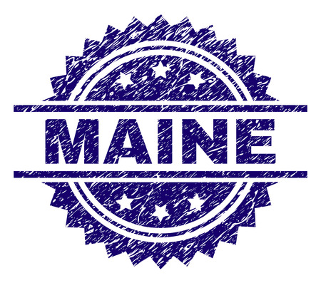 MAINE stamp seal watermark with distress style. Blue vector rubber print of MAINE text with corroded texture.のイラスト素材